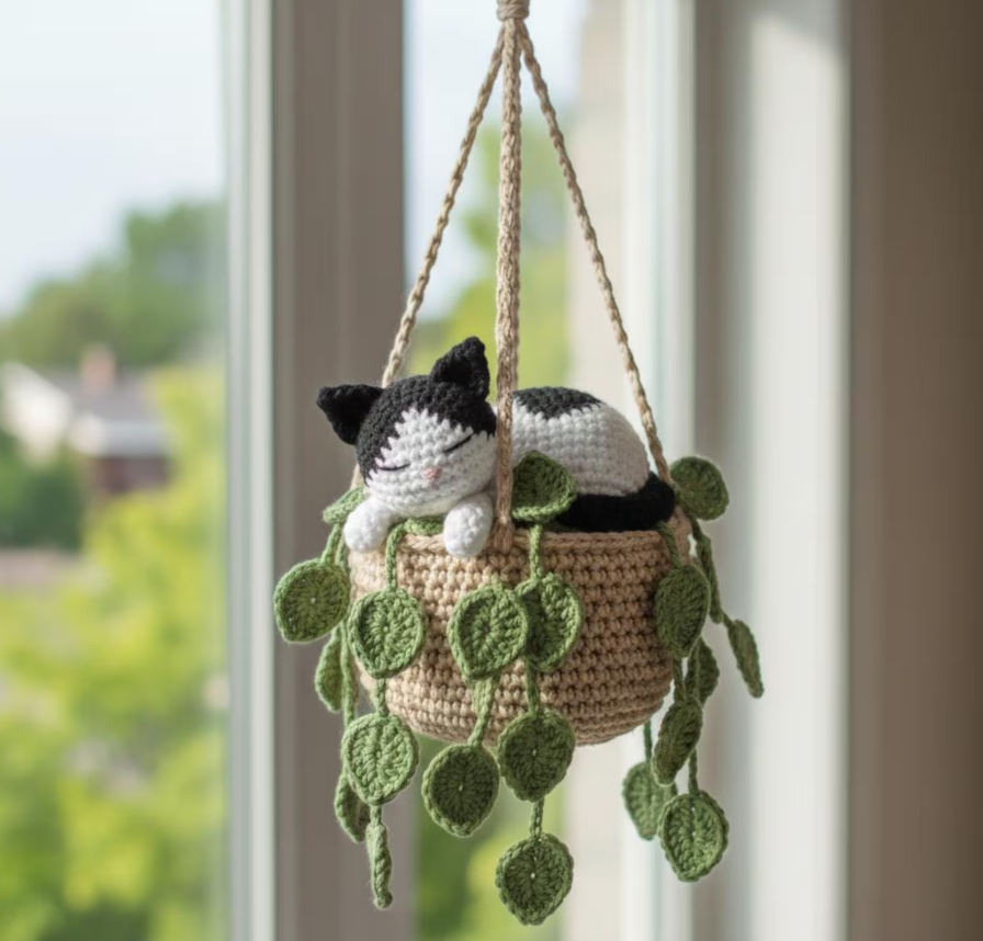 Handmade Crochet Tuxedo Cat Sleeping in Pothos Pot Hanging