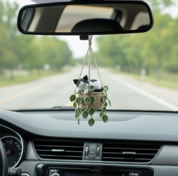 Handmade Crochet Tuxedo Cat Sleeping in Pothos Pot Hanging
