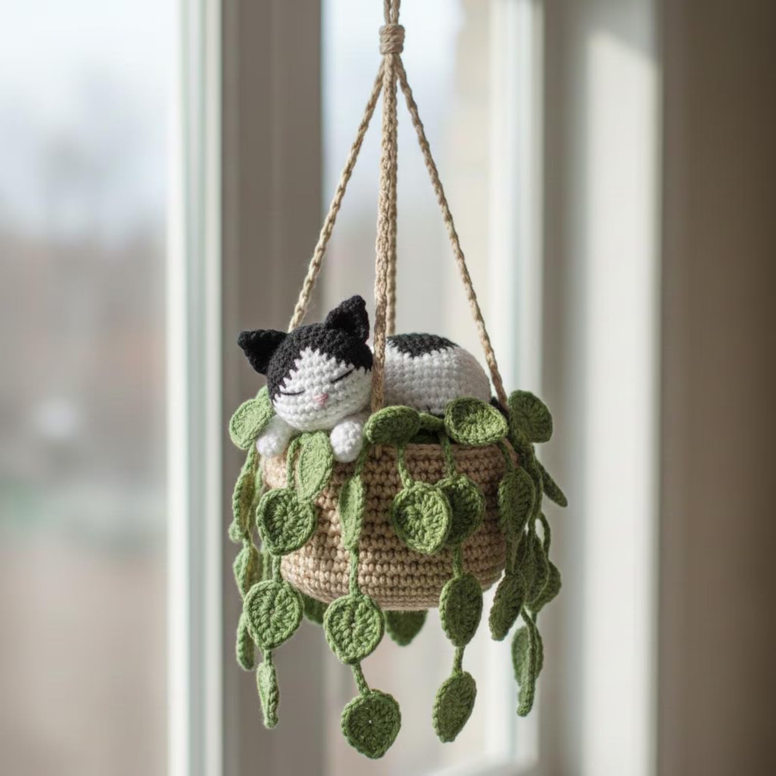 Handmade Crochet Tuxedo Cat Sleeping in Pothos Pot Hanging