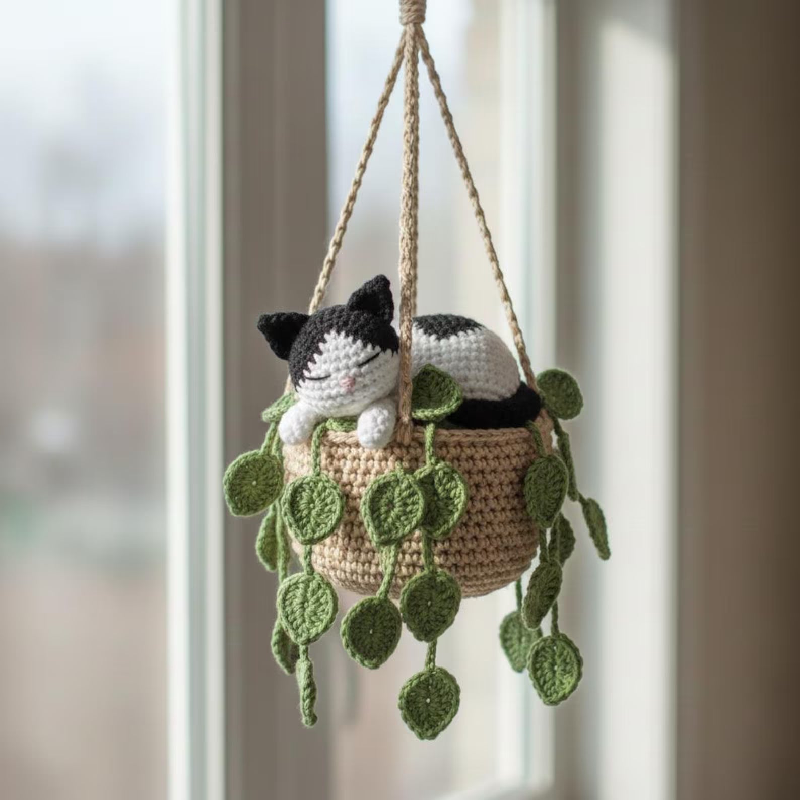 Handmade Crochet Tuxedo Cat Sleeping in Pothos Pot Hanging