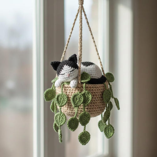 Handmade Crochet Tuxedo Cat Sleeping in Pothos Pot Hanging