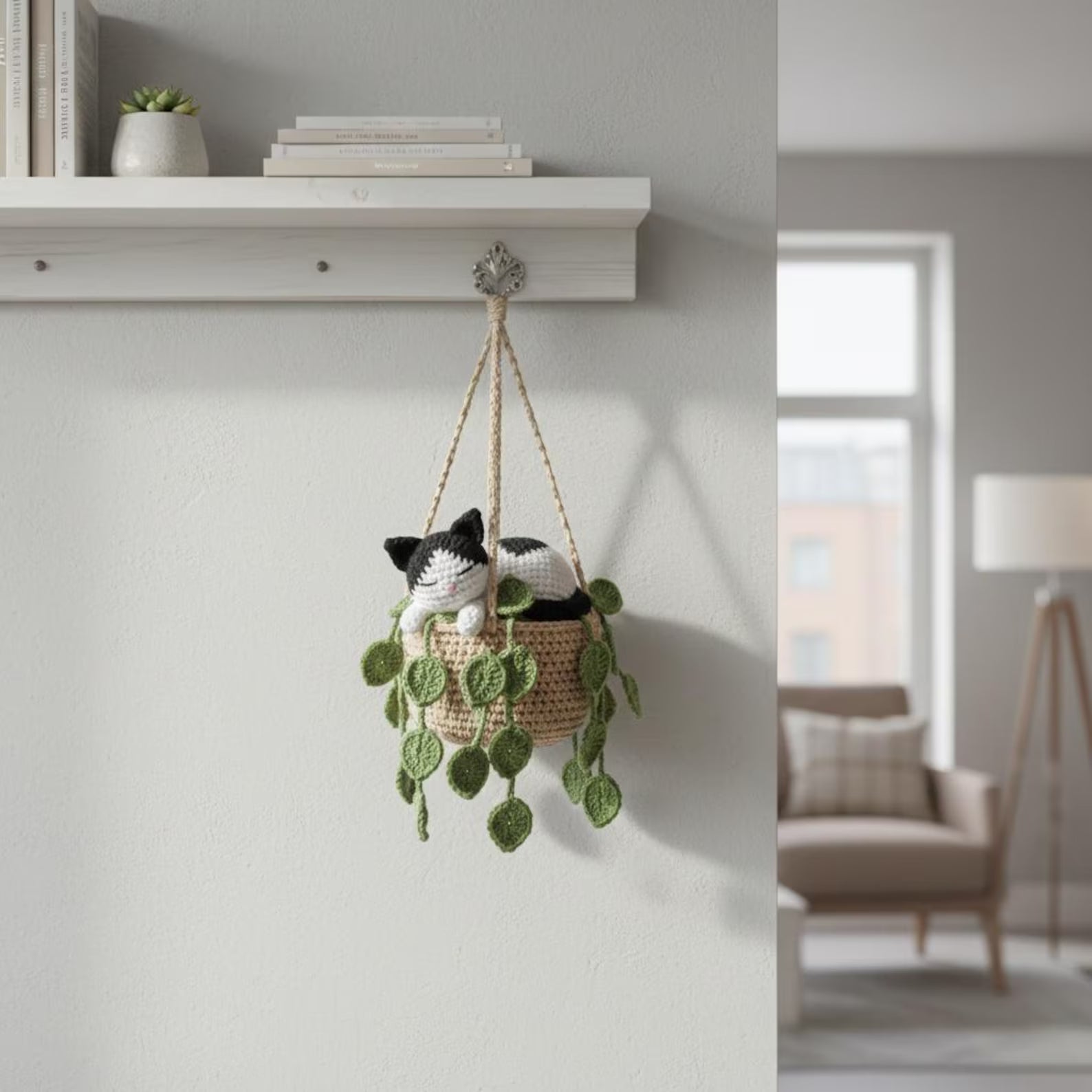 Handmade Crochet Tuxedo Cat Sleeping in Pothos Pot Hanging